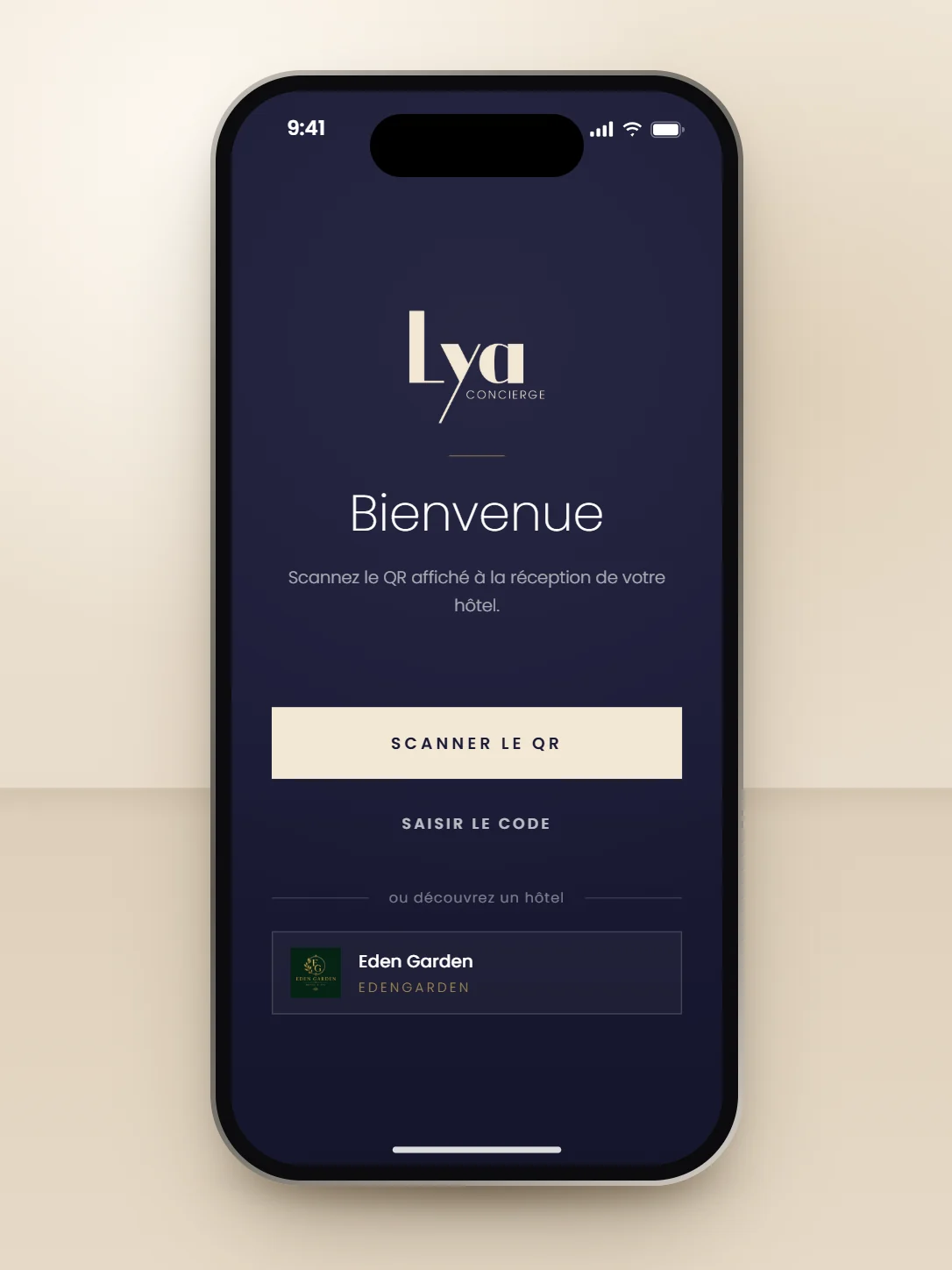 Le premier écran de LYA Concierge, qui propose Eden Garden